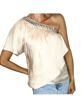 BEDO Femme blush satin beaded neckline one shoulder top S